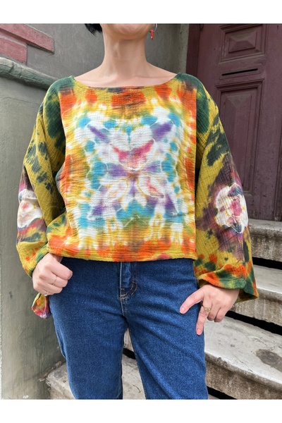 Bohoyasam Kadın Batik Bluz „Autumn Glow” – El Boyaması, %100 Pamuk/Müslin, Ge...