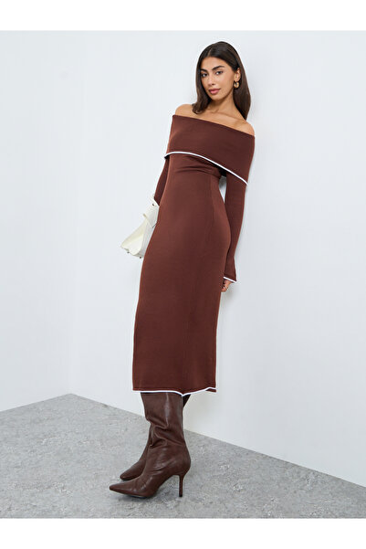 Styli Contrast Trim Bardot Neck Sweater Maxi Dress