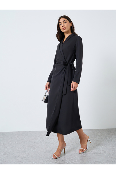 Styli Black Wrap Midi Dress with Tie Detail
