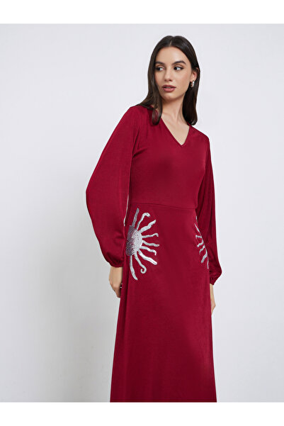 Styli Burgundy Embellished A-Line Maxi Dress