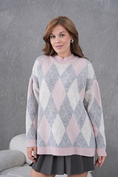 Miss Allos Women's Crew Neck Diamond Pattern Long Sleeve Knit Sweater