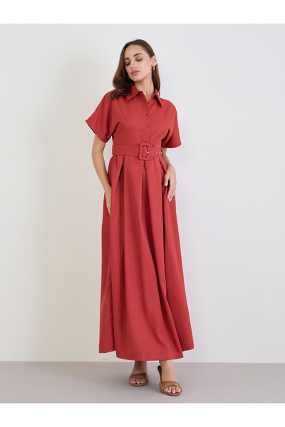 Styli Red Belted Maxi Dress with Fold Pleat