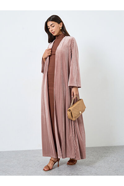 Styli Pink Textured Velvet Look Front Open Blue Abaya