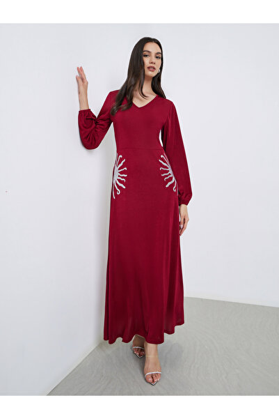 Styli Burgundy Embellished A-Line Maxi Dress