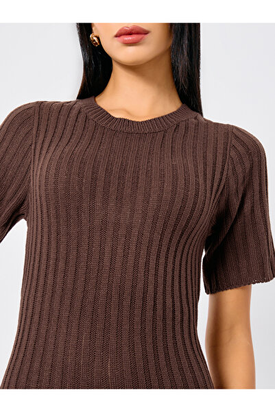 Styli Brown Pleated Sweater Midi Dress