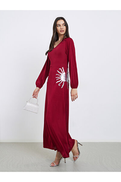 Styli Burgundy Embellished A-Line Maxi Dress