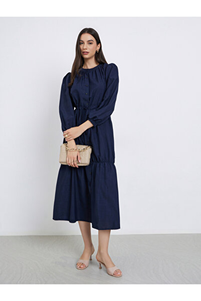 Styli Dark Blue Long Sleeve A-Line Midi Dress