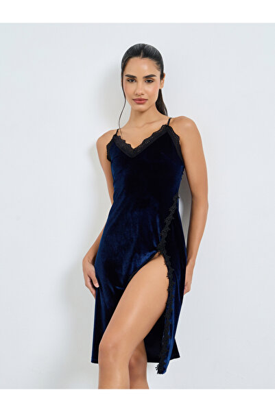 Styli Velvet Contrast Lace Trim Thigh Slit Slip Dress