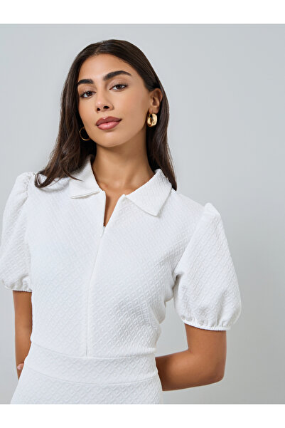 Styli White Textured Maxi Dress with Puff Sleeves