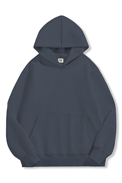 Zuno Unisex Antrasit Oversize Fit Kapüşonlu Pamuklu Basic Sweatshirt