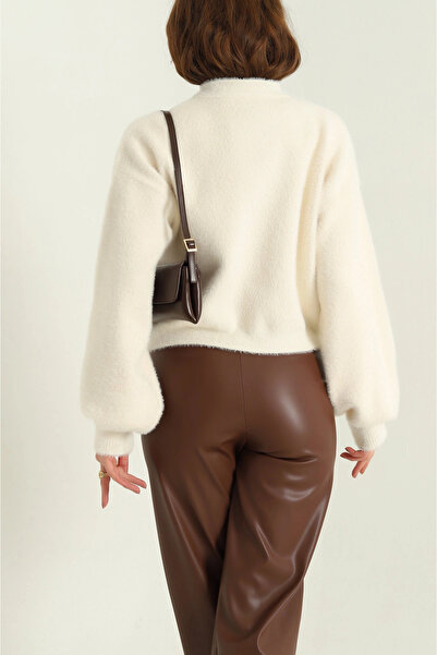 MİR Piedra Women's Pearl Button Crew Neck Balloon Sleeve Soft Texture Soft Bearded Cardigan