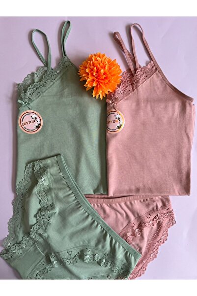 KOTA Kadın Atlet-Külot Alt üst Takım ip askılı 6 Parça Pudra-Yeşil-Gri renk Dantelli Pamuklu Atlet-külot