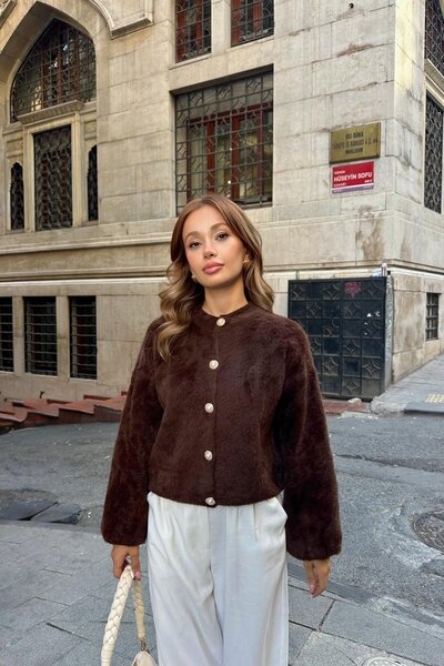 MİR Piedra Women's Pearl Button Crew Neck Balloon Sleeve Soft Bearded Cardigan