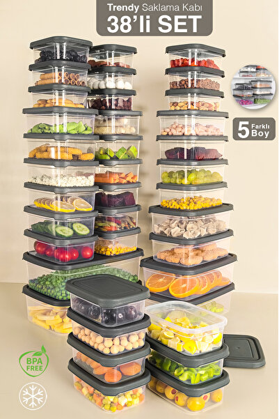Meleni Home 38-Piece Rectangular Food Storage Container - Microwave and Dishwasher Safe Organizer Gray