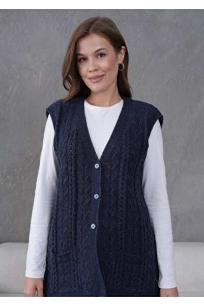 Fresh&Moda Women's Knitwear Lace-Like Knit Wool Vest with Pocket Detail