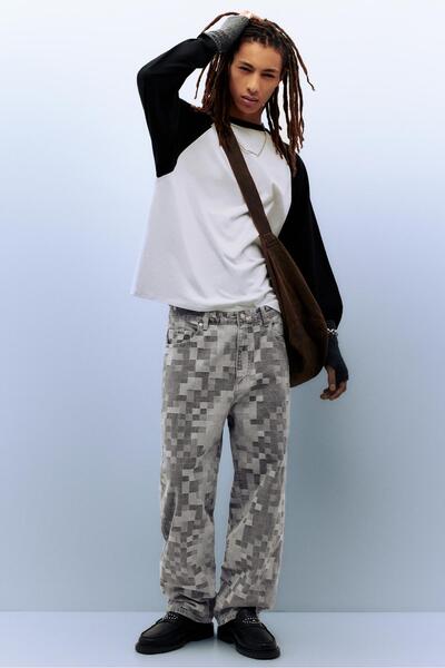 Pull & Bear Kareli jakarlı bol paça jean