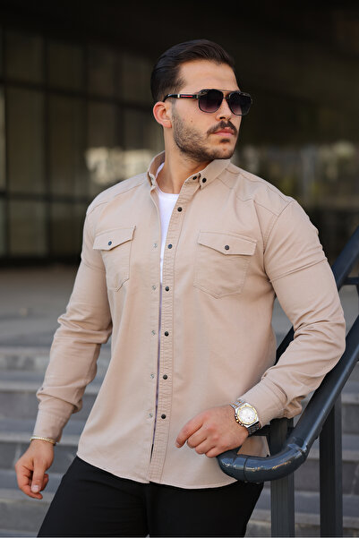 comstar Men's Slim Fit Pocket Basic Long Sleeve Stone Denim Shirt