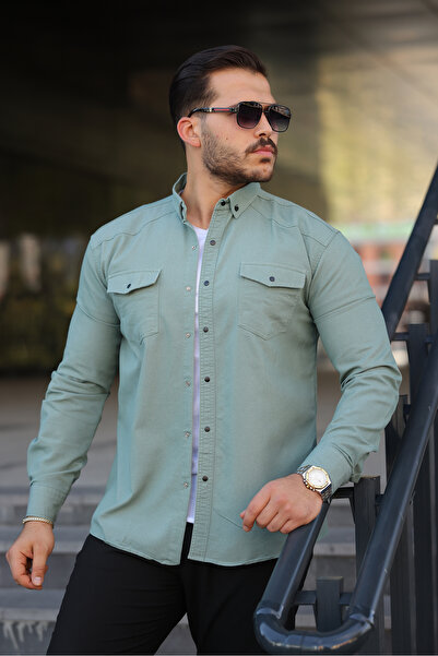 comstar Men's Slim Fit Pocket Basic Long Sleeve Dark Green Denim Shirt