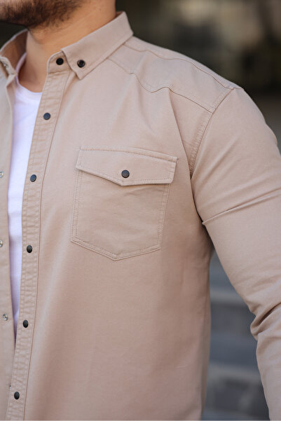 comstar Men's Slim Fit Pocket Basic Long Sleeve Stone Denim Shirt