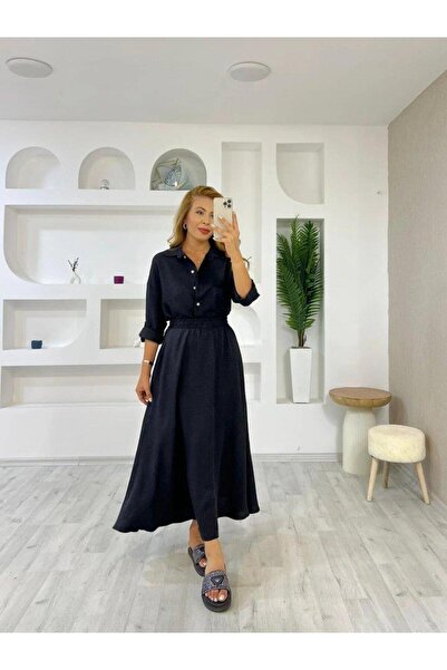 Ekince Women's Linen Fabric Shirt and Skirt Double Suit