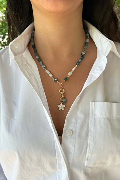 Suerte Accessories El Yapımı Tımbıl Hint Akik ve Ay Taşı Doğal Taş Çiçek Uçlu...