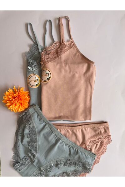 KOTA Kadın Atlet-Külot Alt üst Takım ip askılı 2 Adet Pudra-Gri renk Dantelli...