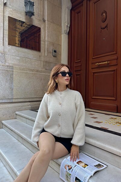 MİR Piedra Women's Pearl Button Crew Neck Balloon Sleeve Soft Bearded Cardigan