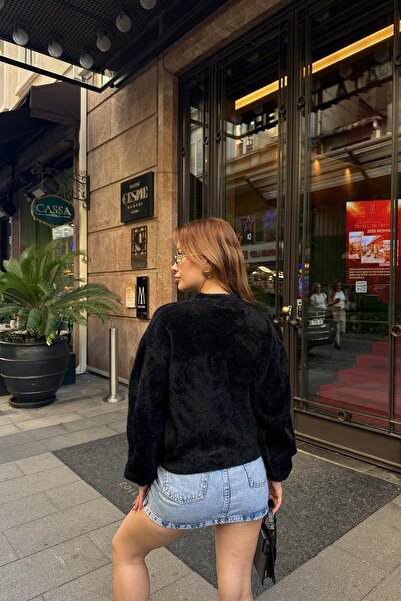 MİR Piedra Women's Pearl Button Crew Neck Balloon Sleeve Soft Bearded Cardigan