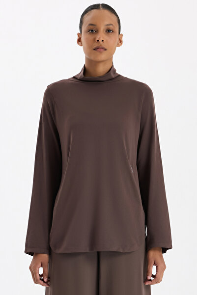 COMEUP High Neck Pocket Long Sleeve Lightweight Sweatshirt Cocoa Dance