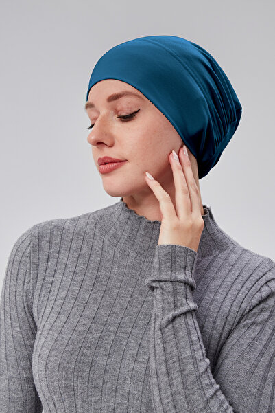 Sonbaharmoda Women's Hijab Ready-To-Wear Practical Snap-On Bonnet Elastic Non-Slip Petrol Color