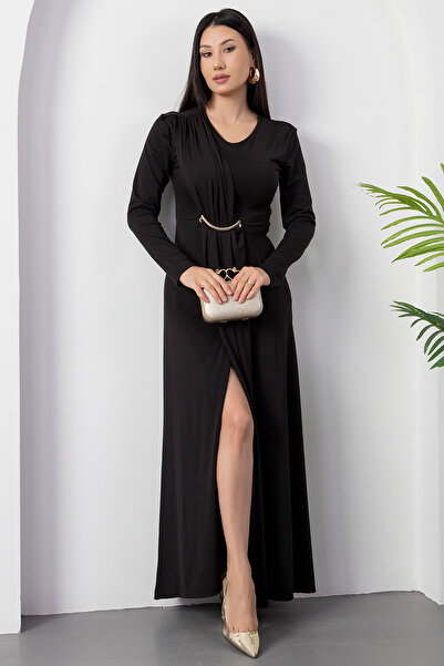 PULLIMM Crew Neck Moon Buckle Shoulder Drawstring Dress 2025-4391