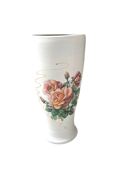 Ceramica Martinescu White ceramic vase with bouquet of roses and gold detail,...