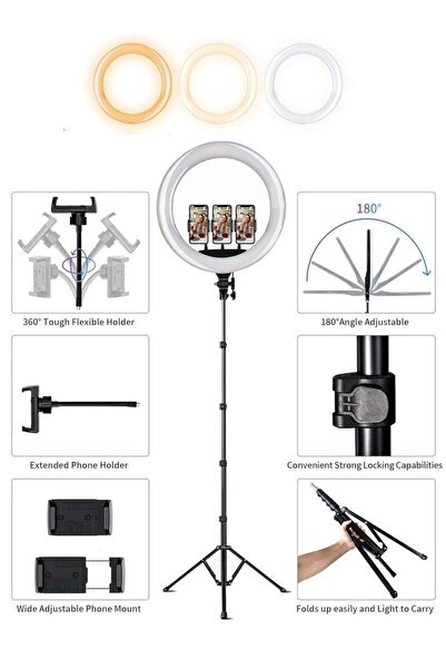 Beauenty 18-inch Dimmable LED Ring Light with 2.1m Tripod, Remote & 3 Phone Holders