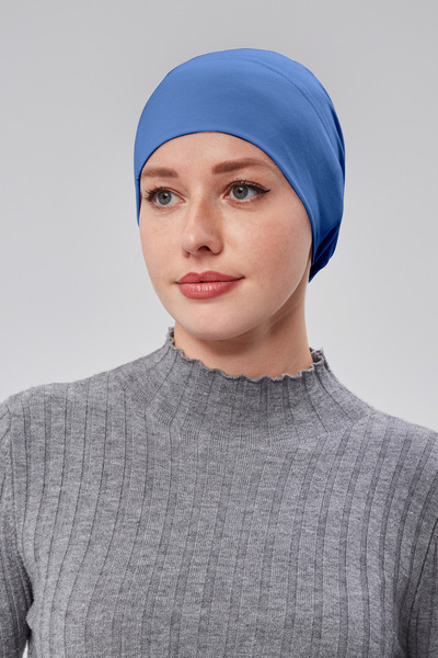 Sonbaharmoda Women's Hijab Ready-To-Wear Practical Snap-On Bonnet Elastic Non-Slip Denim Color