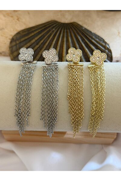 MyladyAccessoriess Zircon Stone Clover and Chain Detail Earrings (Steel) Silver