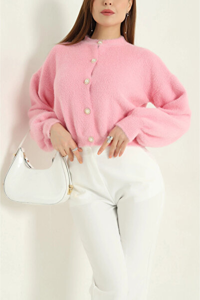 MİR Piedra Women's Pearl Button Crew Neck Balloon Sleeve Soft Texture Soft Bearded Cardigan