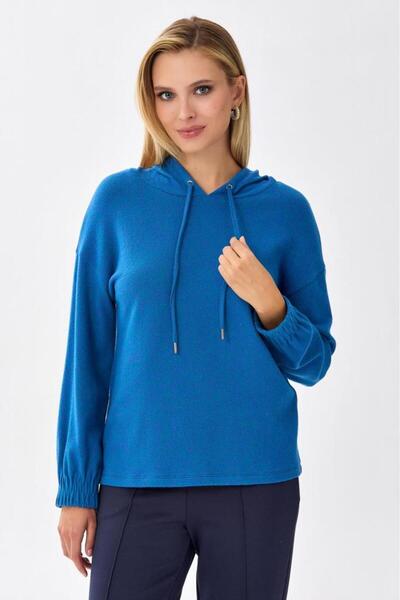 İKİLER Yakası Bağcıklı Kapüşonlu Triko Bluz 256-1716