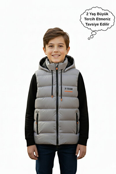 ASYAKİDS CLUB Boy's Hooded Printed Lined Seasonal Puffer Vest with Pockets