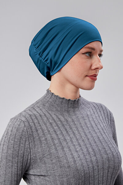 Sonbaharmoda Women's Hijab Ready-To-Wear Practical Snap-On Bonnet Elastic Non-Slip Petrol Color