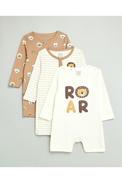 R&B 3 Pack Printed Rompers with Long Sleeves