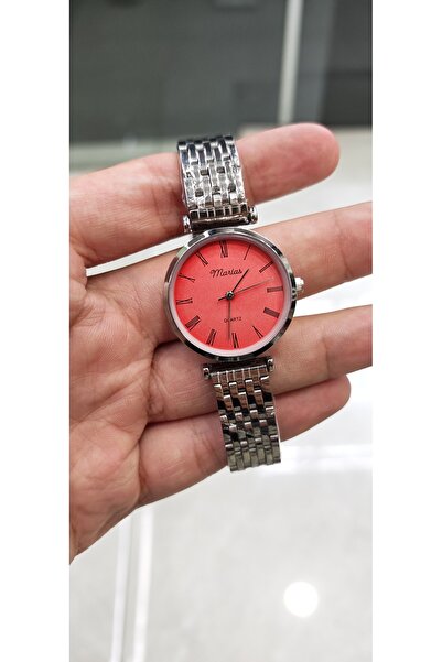 Marlas Retro Design, Silver Color Steel Band, Red Dial Women Wristwatch