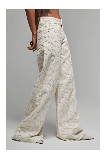 Coral İp Nakışlı Paçası Püsküllü Pantolon 3855 Beyaz