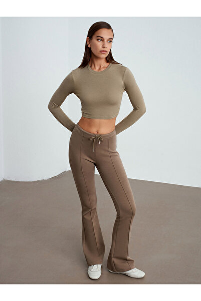 Dilvin 71891 Elastic Waist Flared Tracksuit-Light Khaki