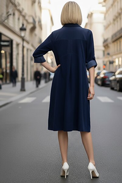 Chiccy Navy Blue Shirt Collar Buttoned Long Sleeve Pocket Casual Velvet Woven Dress 105 55