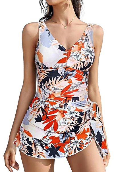 Dotail SHEKINI one-piece swimsuit, size M, V-neckline, floral pattern, ruffled design, beige color