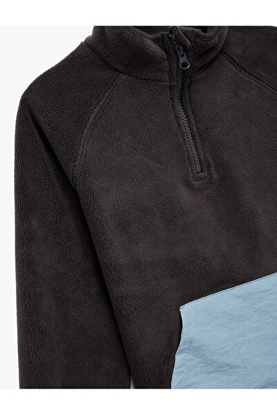 Koton Mock Neck Half Zippered Kangaroo Pocket Fleece Sweatshirt