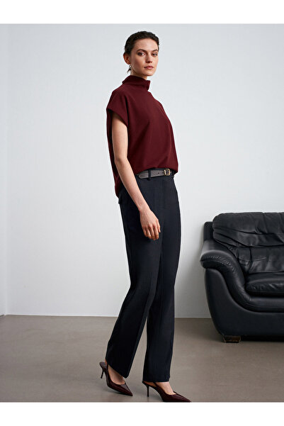 Dilvin 72208 Belted Melange Fabric Trousers-Navy Blue