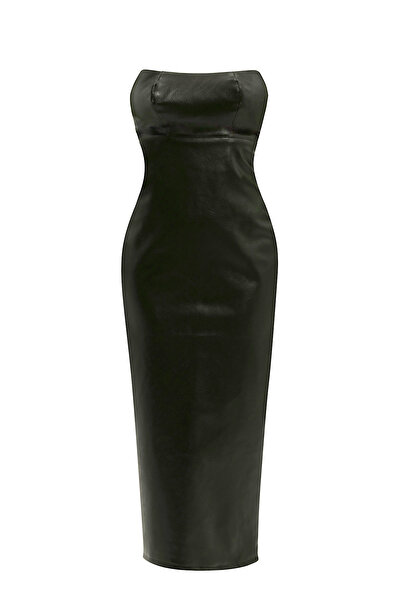 Roselenda فستان ميدي بدون حمالات من الجلد الصناعي الأسود من نيرينا