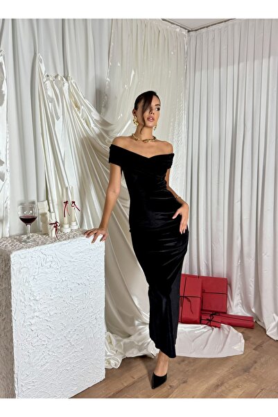 Nesil Drape Yakalı Kadife Uzun Boy Arkası Yırtmaçlı Kadın Özel Gün Vinoire El...