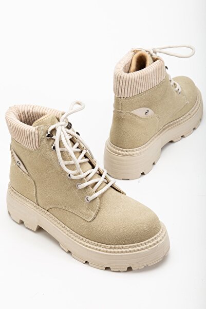 Hayalimdeki Ayakkabı Women's Beige Suede Lace-Up Non-Slip Sole Boots
